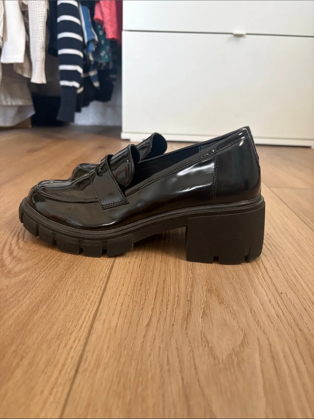 Sincerly Jules Black Patent Penny Loafers with Lug Sole